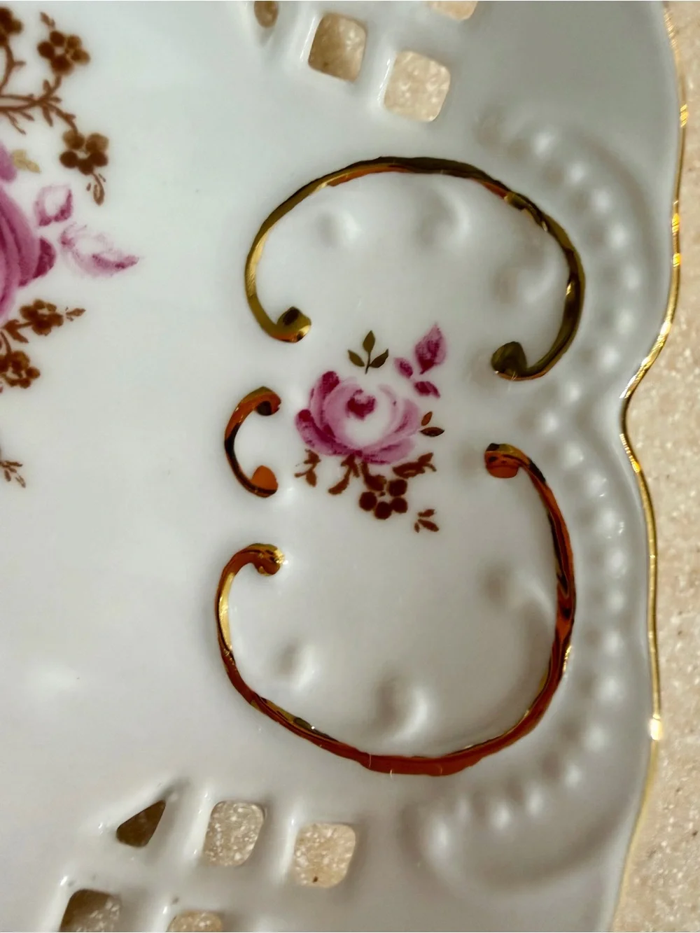 Weimar Porcelain Barbarina Pink Rose Trinket Candy Dish Bowl Gold Trim Filigree